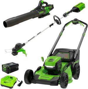 1-430-1.jpg Greenworks 80V 21” Lawn Mower, 13” String Trimmer, and 730 Leaf Blowers.