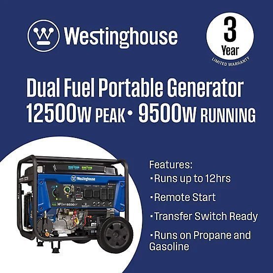 1527173_A1.jpg Westinghouse 12,500/9,500-Watt Dual-Fuel Portable Generator, Electric Start, Transfer Switch Ready