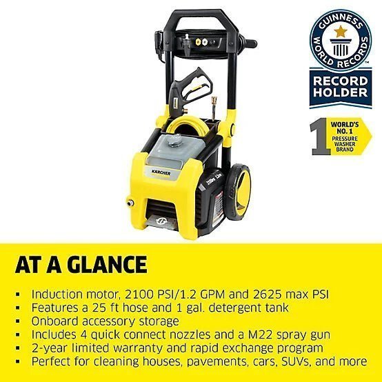 2242054_A1.jpg Karcher 2,100 PSI 1.2 GPM Electric Cold Water K2100PS Pressure Washer with Turbo, 15 Degree, 40 Degree and Soap Nozzles