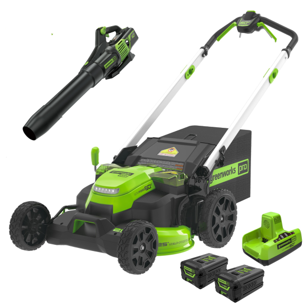 25inchmowerblowercombo.png 60V 25″ Cordless Battery Self-Propelled Mower Combo Kit w/ Blower, (2) 4.0Ah Batteries and Dual Port Charger