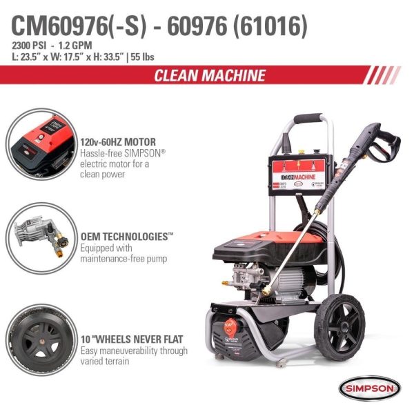 41734776.jpg SIMPSON 1.2-GPM Clean Machine 2300 PSI 1.2-GPM Cold Water Electric Pressure Washer with 3 Spray Tips (Battery Included) CM60976