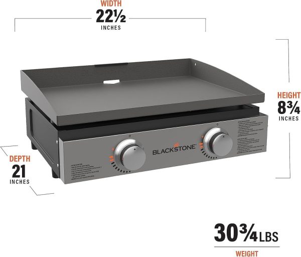 71Tn_g3AwoL._AC_SL1500.jpg Blackstone 22″ Portable Tabletop Griddle – Dual Burner Flat Top Grill, 24,000 BTU Propane with Stainless Steel Faceplate & Rear Grease System