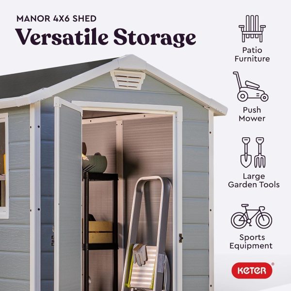 813gmLCy5lL._AC_SL1500.jpg Keter Manor 4×6 Resin Outdoor Storage Shed Kit-Perfect to Store Patio Furniture, Garden Tools Bike Accessories, Beach Chairs and Lawn Mower, Grey & White