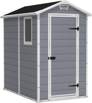 91idKRZ3AOL._AC_SL1500-1.jpg Keter Manor 4×6 Resin Outdoor Storage Shed Kit-Perfect to Store Patio Furniture, Garden Tools Bike Accessories, Beach Chairs and Lawn Mower, Grey & White