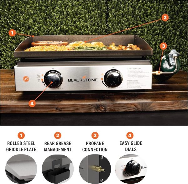 91rWaO_ugYL._AC_SL1500.jpg Blackstone 22″ Portable Tabletop Griddle – Dual Burner Flat Top Grill, 24,000 BTU Propane with Stainless Steel Faceplate & Rear Grease System