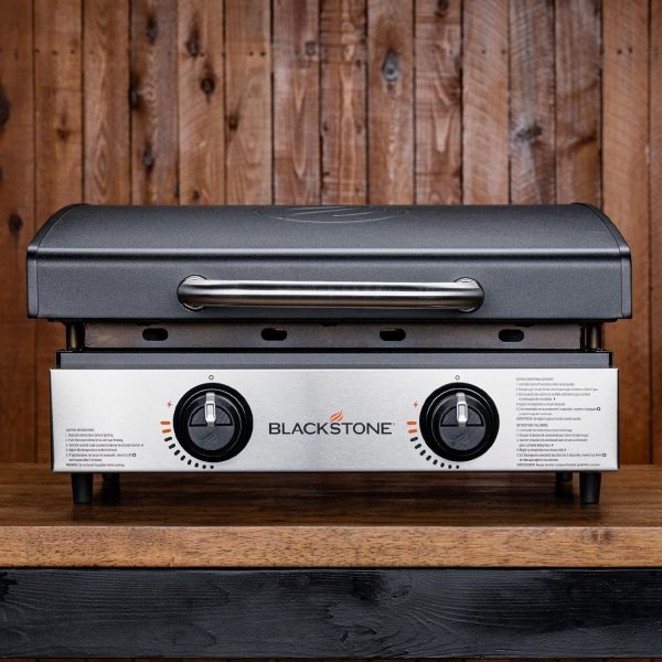 91tmxSQjI_L._AC_SL1500.jpg Blackstone 22″ Portable Tabletop Griddle – Dual Burner Flat Top Grill, 24,000 BTU Propane with Stainless Steel Faceplate & Rear Grease System