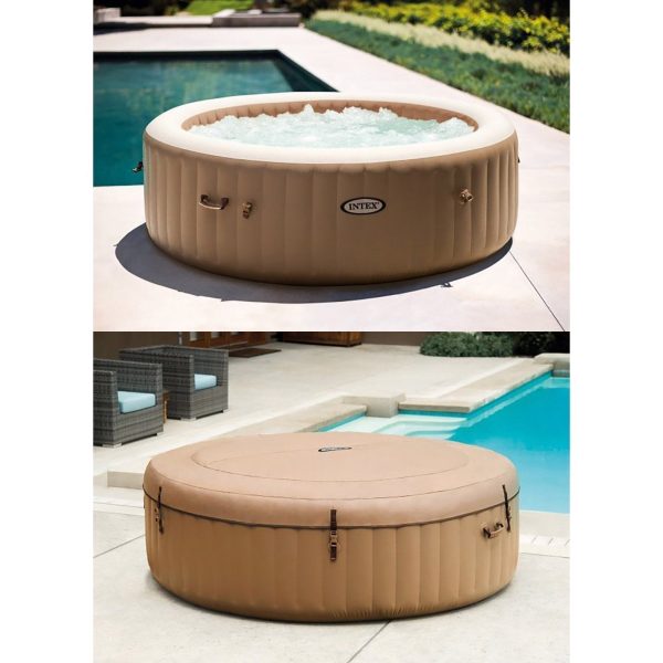 a18ed72d-1504-488d-ac69-a636eaf84e5b.424f01faea01d61f58073c5361948abf.jpg Intex: PureSpa: Sahara Tan Inflatable Hot Tub Set – 6 Person – 85″ Round Outdoor Heated Bubble Spa, Jet Massage, Cover, Hard Water Treatment System