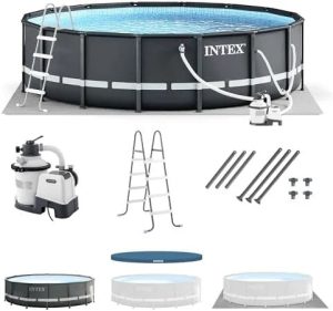 j1-13-1.jpg Intex Ultra XTR Frame 14′ x 42″ Round Above Ground Outdoor Swimming Pool Set with Sand Filter Pump, Ladder, Ground Cloth, and Pool Covers