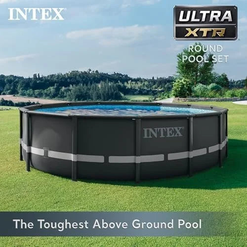 j2-12-1.jpg Intex Ultra XTR Frame 14′ x 42″ Round Above Ground Outdoor Swimming Pool Set with Sand Filter Pump, Ladder, Ground Cloth, and Pool Covers