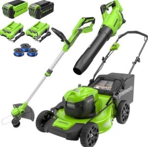 sd.jpg Greenworks 40V 20″ Cordless Mower, 500 CFM Blower, 12″ Trimmer, 2 Batteries (5Ah + 2Ah) & Chargers